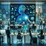 AI in Entrepreneurship: Diverse team using AI tools in a futuristic startup office.