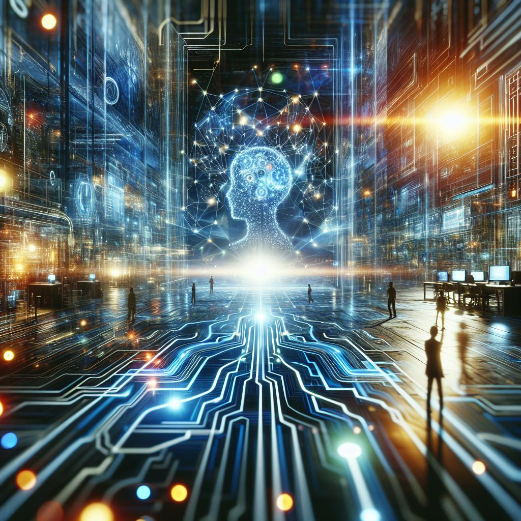 Futuristic AI startup scene with glowing circuits, ideas for AI project theme.