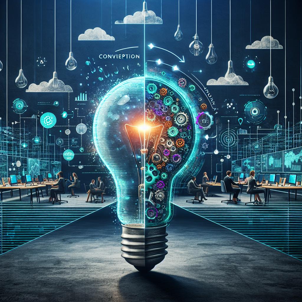 AI transforming a lightbulb idea into a high-tech, AI-enhanced business reality.