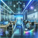 Futuristic office highlighting great business plan ideas with AI and vibrant colors.