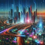 Futuristic city skyline with neon lights, holographic displays, and AI-driven startups.