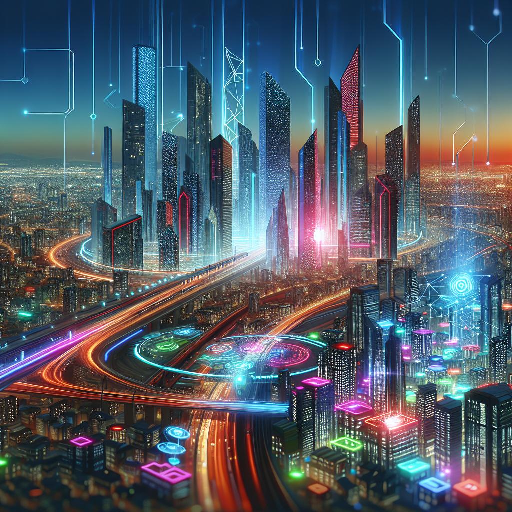 Futuristic city skyline with neon lights, holographic displays, and AI-driven startups.