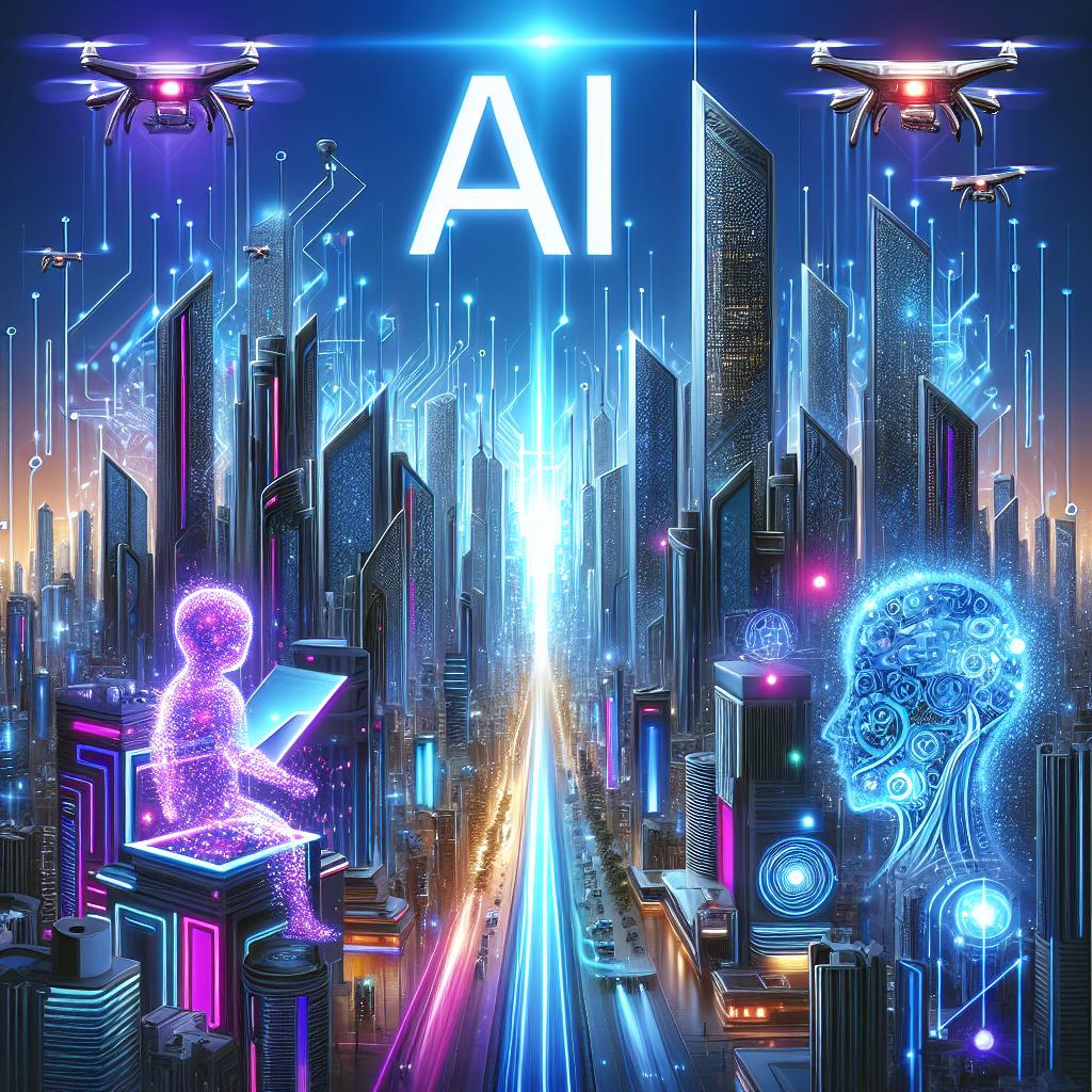 Futuristic cityscape with AI robots and neon lights, embodying startup idea AI innovation.