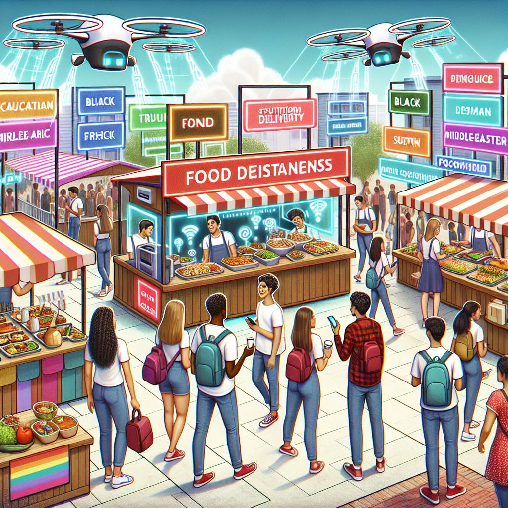 Energetic student food market with AI innovation, embodying simple food business ideas for students.