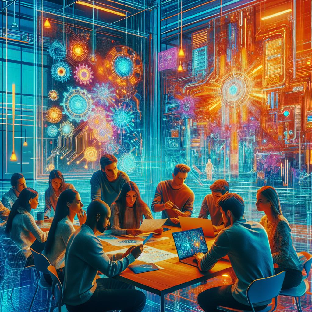 AI game idea generator empowering entrepreneurs with vibrant, futuristic workspace.