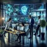 Diverse team collaborates on AI startup business strategies in a futuristic office.