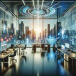 AI criticizes business idea in a futuristic office with holograms and smart tech for startups.