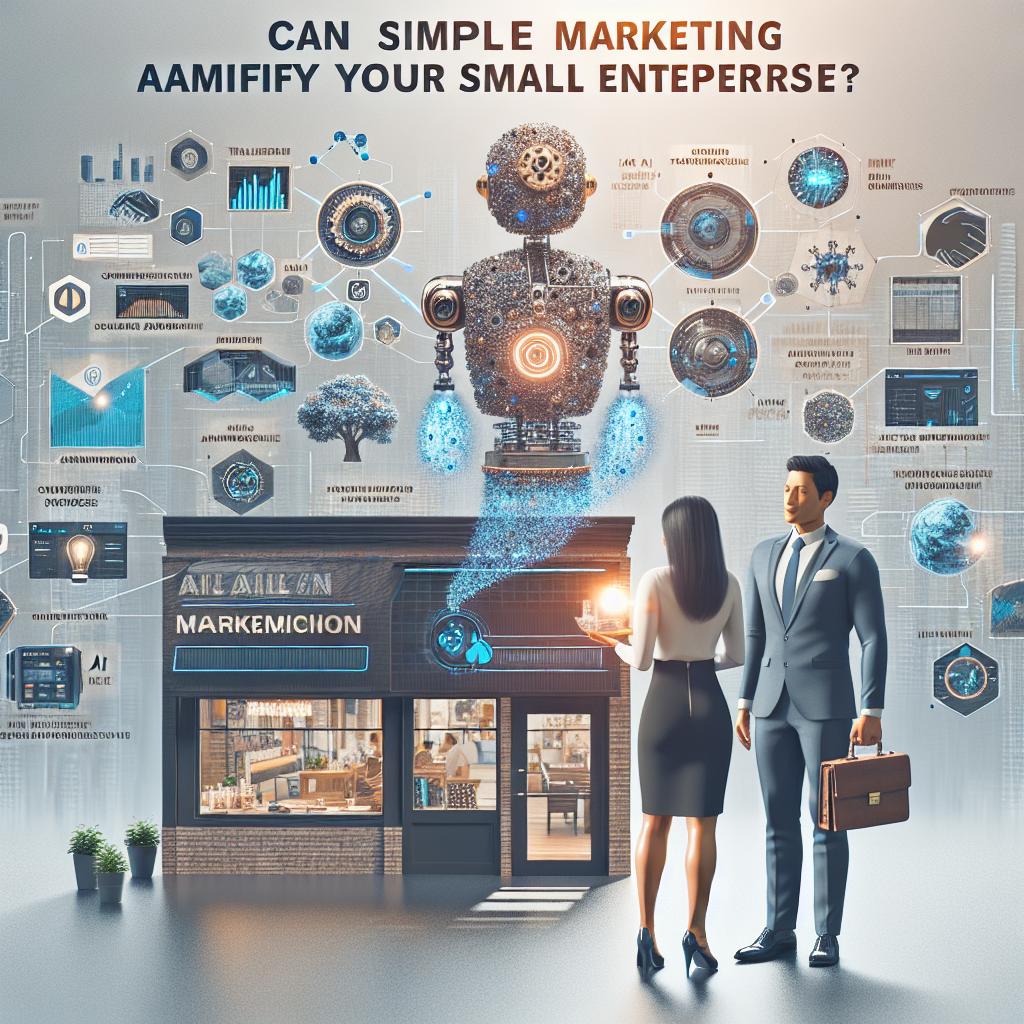 Simple marketing ideas for small business with AI tools in a vibrant, futuristic shop.