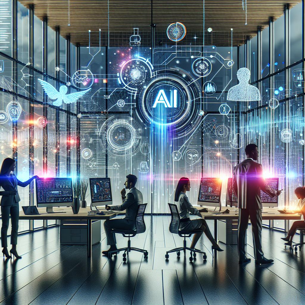 Futuristic office with professionals using a business plan template generator AI tool.