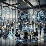 Futuristic AI-integrated office with diverse team using a business plan idea template.