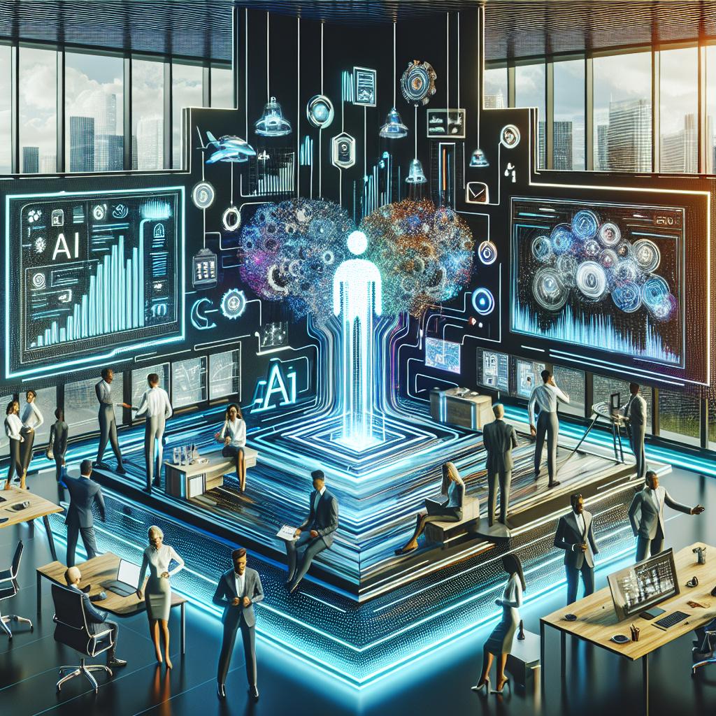 AI for business ideas: futuristic office with holographic screens and diverse team brainstorming.