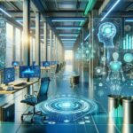 Evaluating business idea success with AI in a futuristic, tech-inspired office setting.