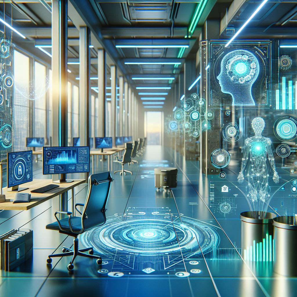 Evaluating business idea success with AI in a futuristic, tech-inspired office setting.