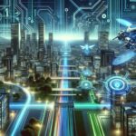 Futuristic cityscape with AI elements, symbolizing a future-proof venture idea.