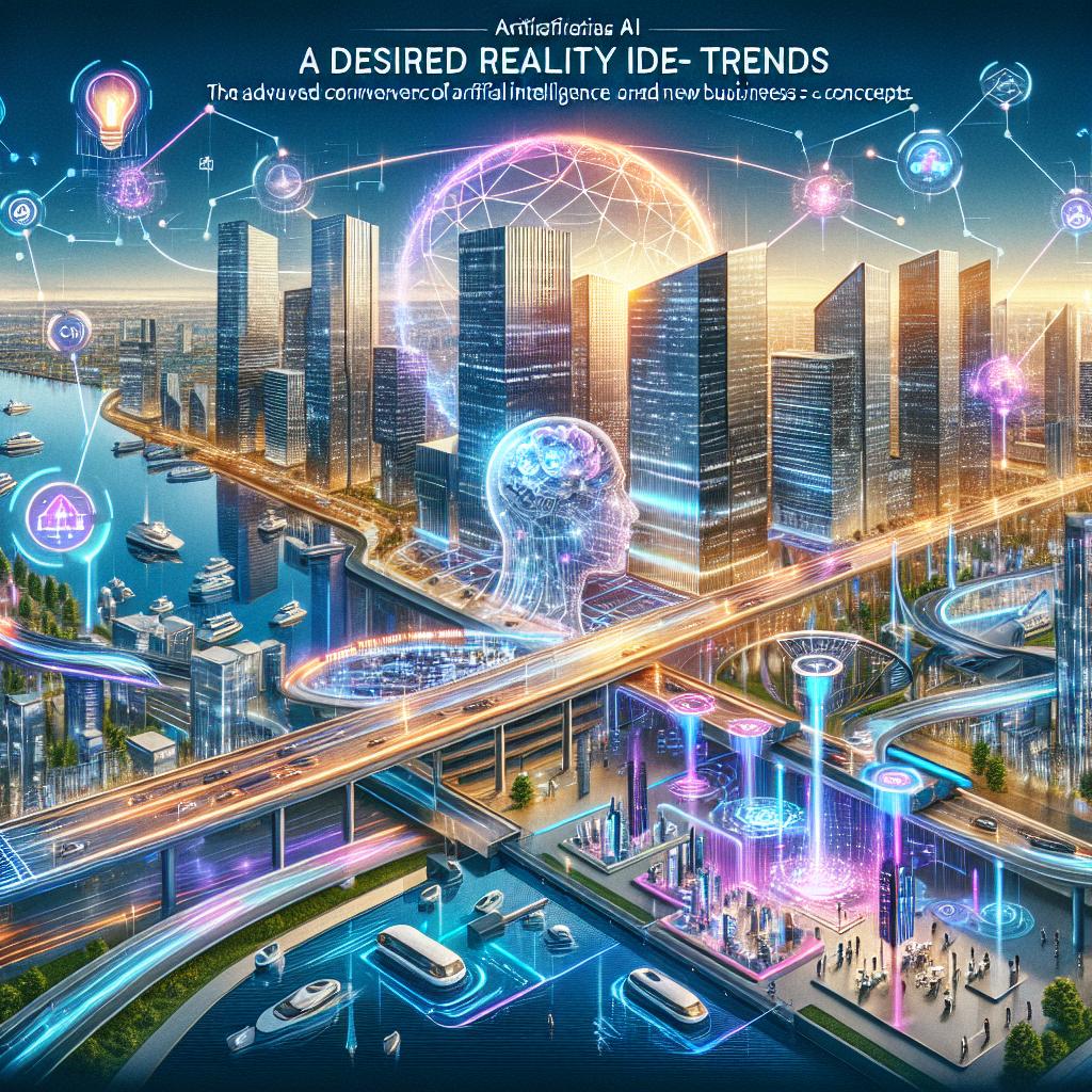 Futuristic cityscape blending AI and startups, embodying desired reality ideas for 2024.