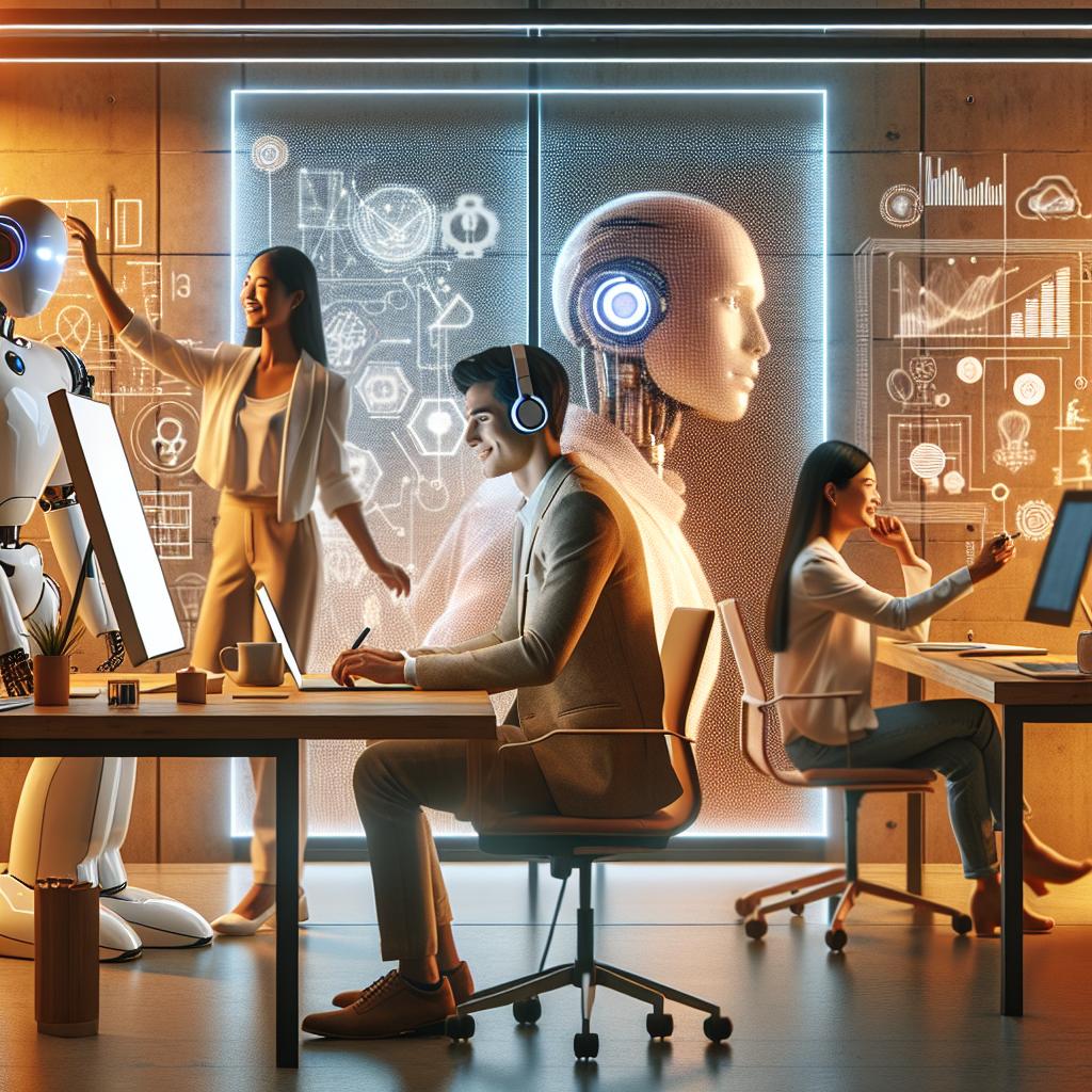 AI business idea generator inspiring entrepreneurs in a futuristic startup workspace.