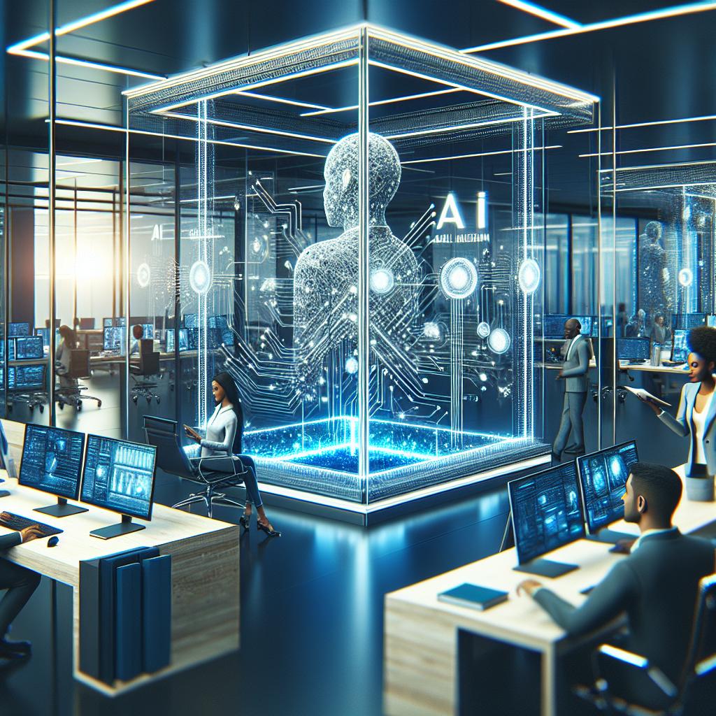 Entrepreneurs and AI collaborate on a business plan in a futuristic blue and silver office.
