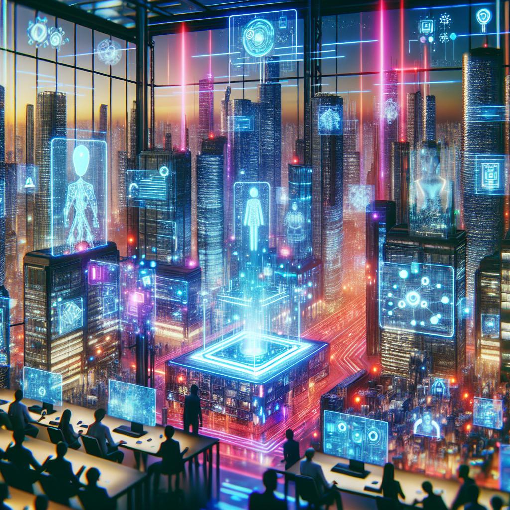 Evaluation of business idea trends in a futuristic AI-driven startup cityscape for 2024.