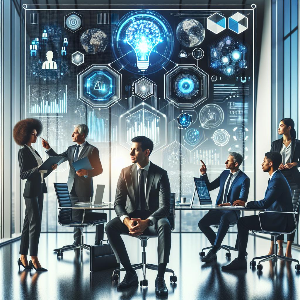 AI technology evaluating business ideas in a modern office with collaborative brainstorming.