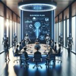 AI and human experts collaborate on a business plan in a modern office setting.