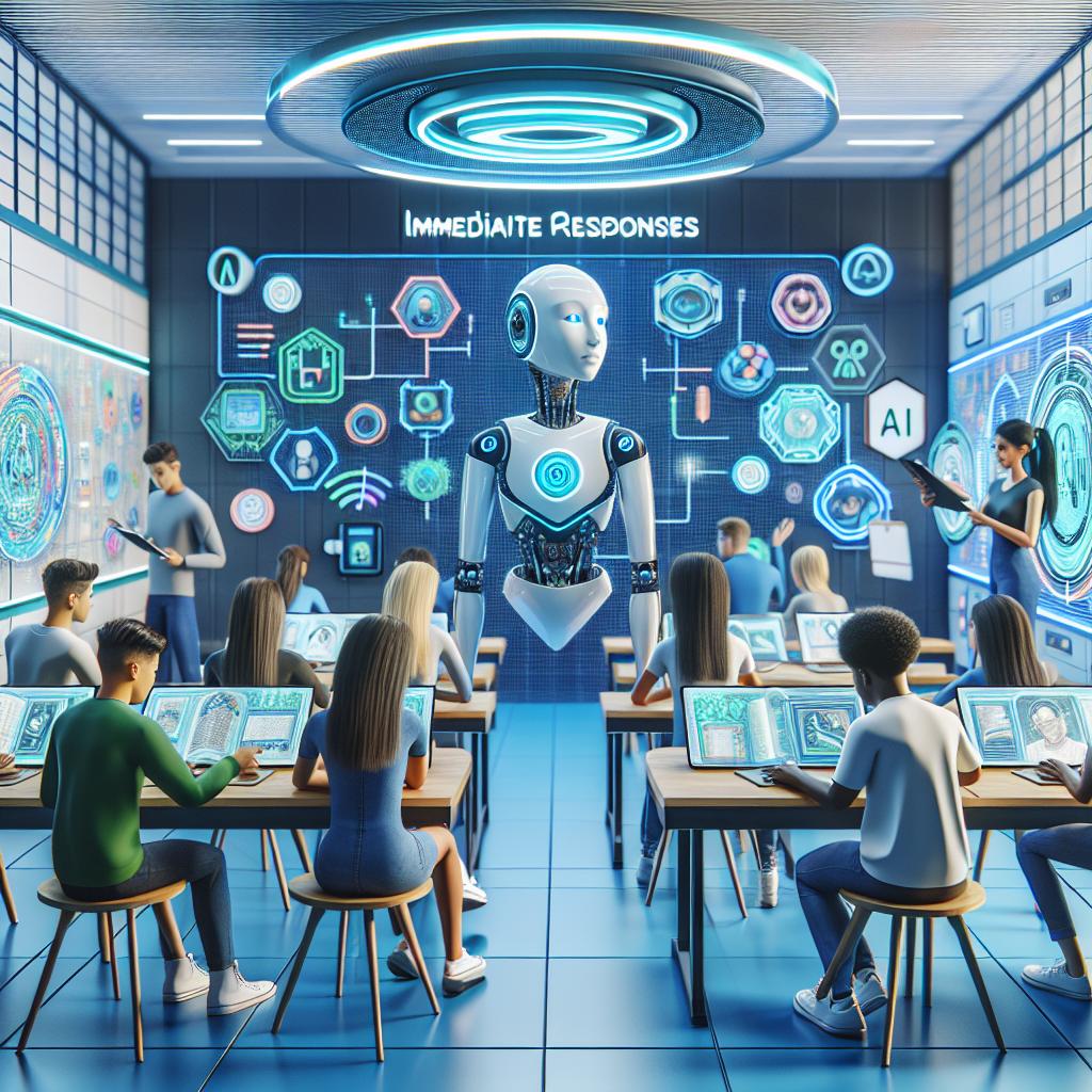 Futuristic classroom with AI providing instant feedback to diverse students using tablets.
