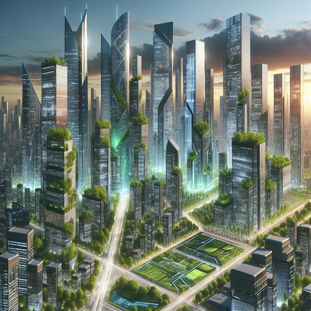 Futuristic MVP Landscaping cityscape with skyscrapers, green spaces, and AI integration.