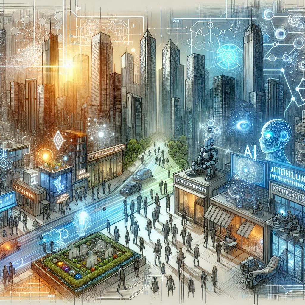 Futuristic cityscape with AI startups and entrepreneurs, giving you the business vibe of 2024.