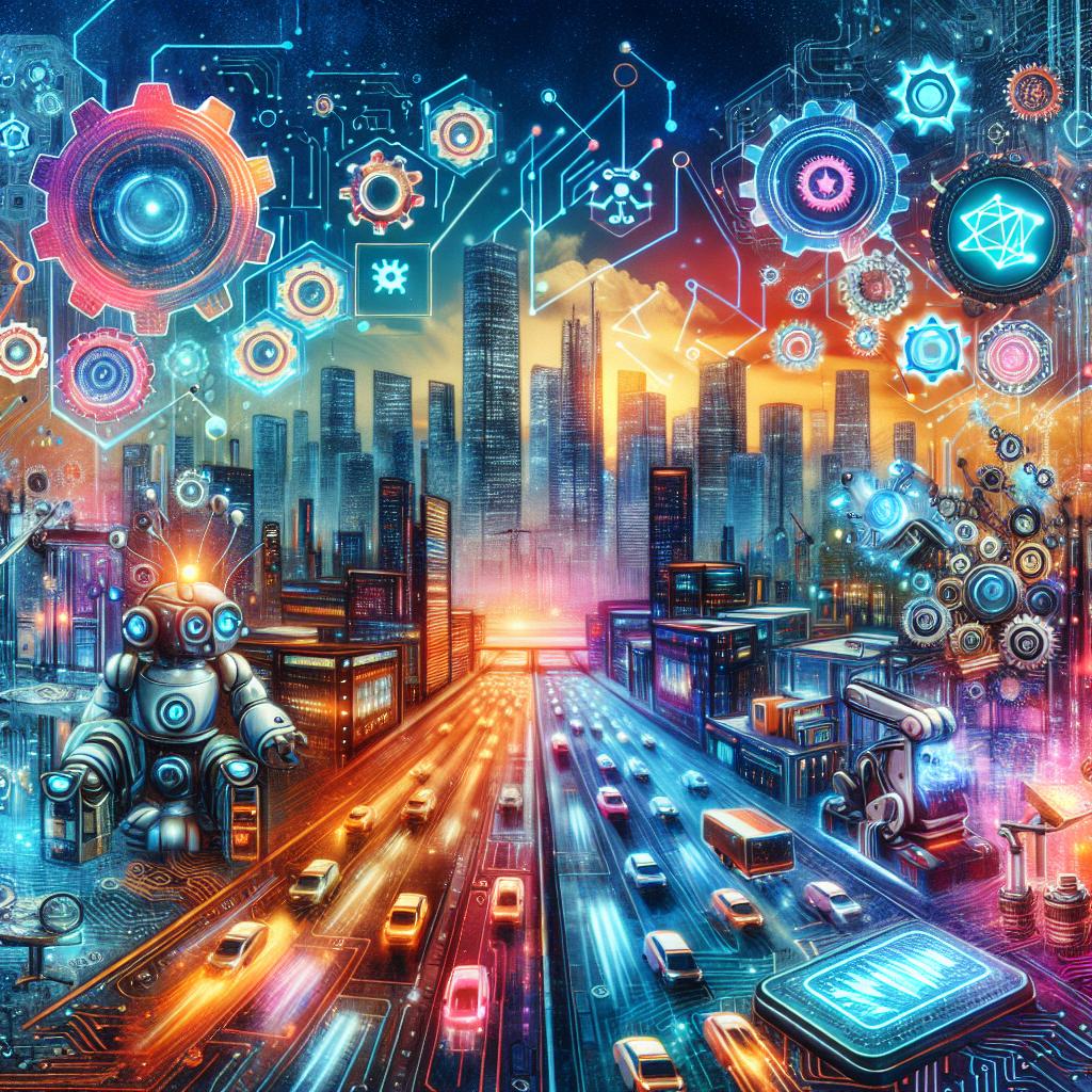 AI startup idea transforming industries with futuristic, innovative cityscape and tech symbols.