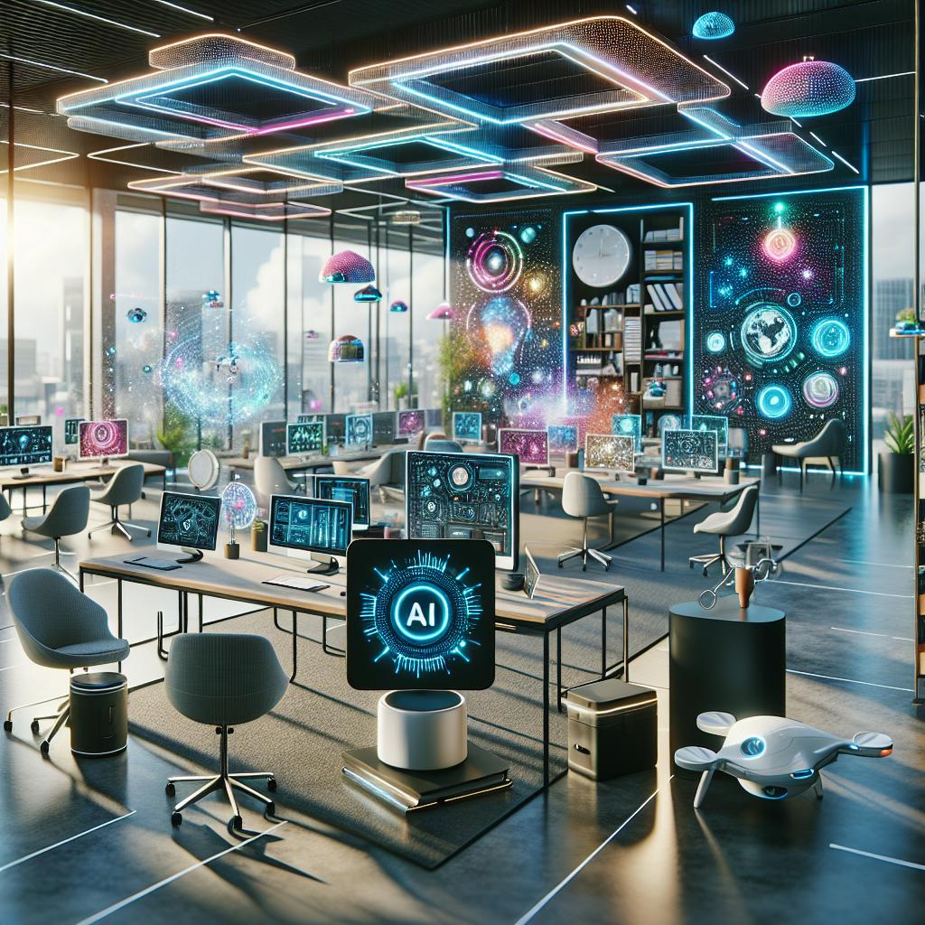 Futuristic office illustrating a business idea using AI, with VR and smart tech collaboration.