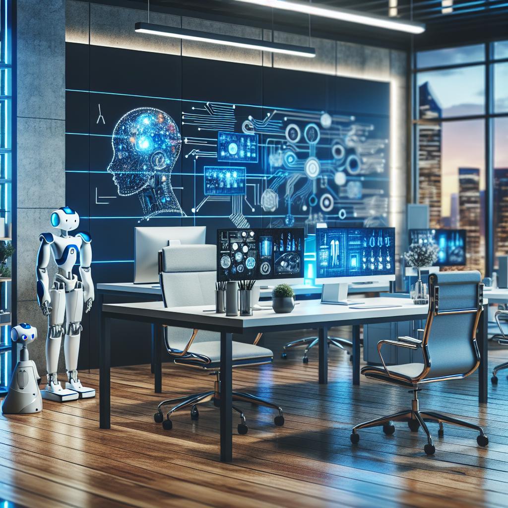 Futuristic startup office with AI robots, neural network diagrams, and a sleek blue-silver theme.