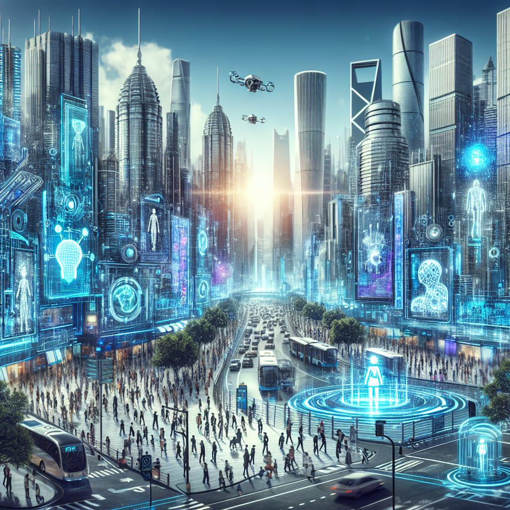 Futuristic cityscape with AI robots and holograms, embodying the best AI business ideas.