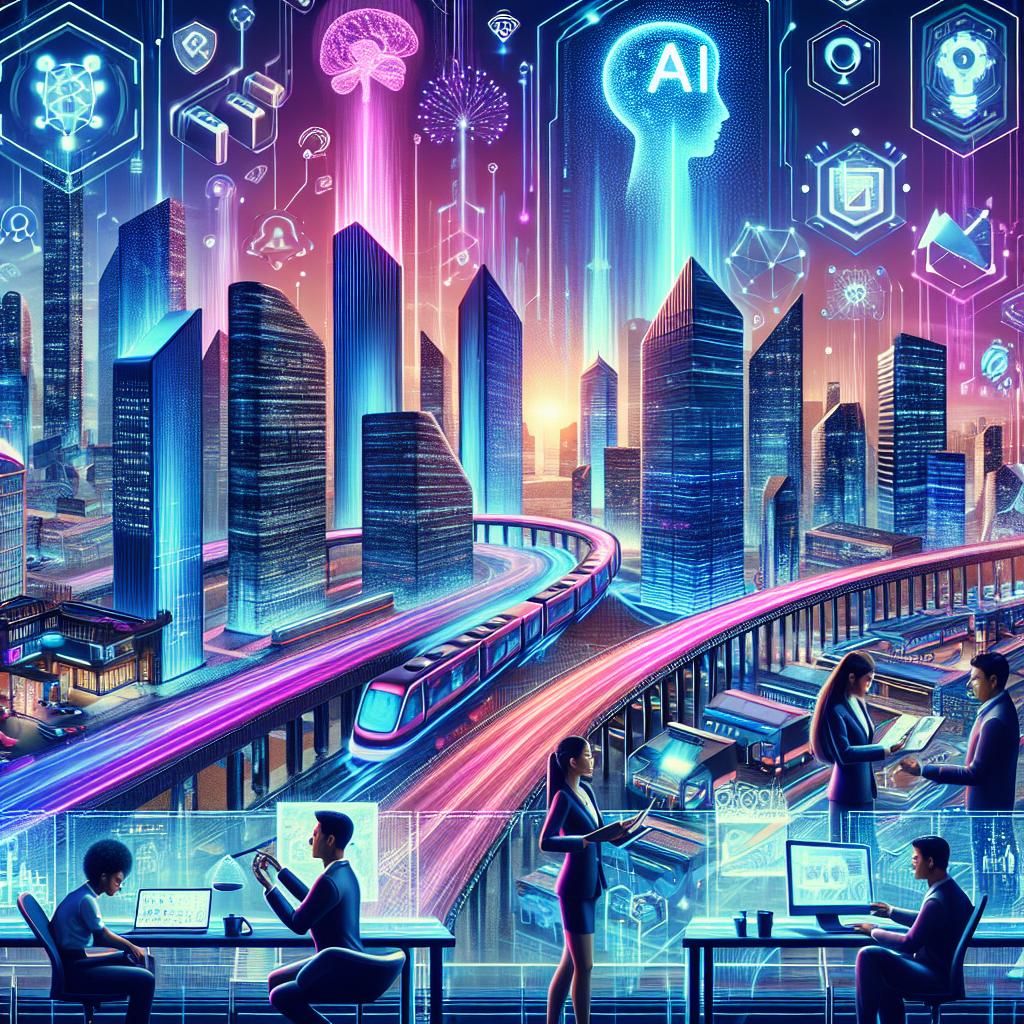 Futuristic cityscape with entrepreneurs and AI symbols, showcasing an AI business idea.