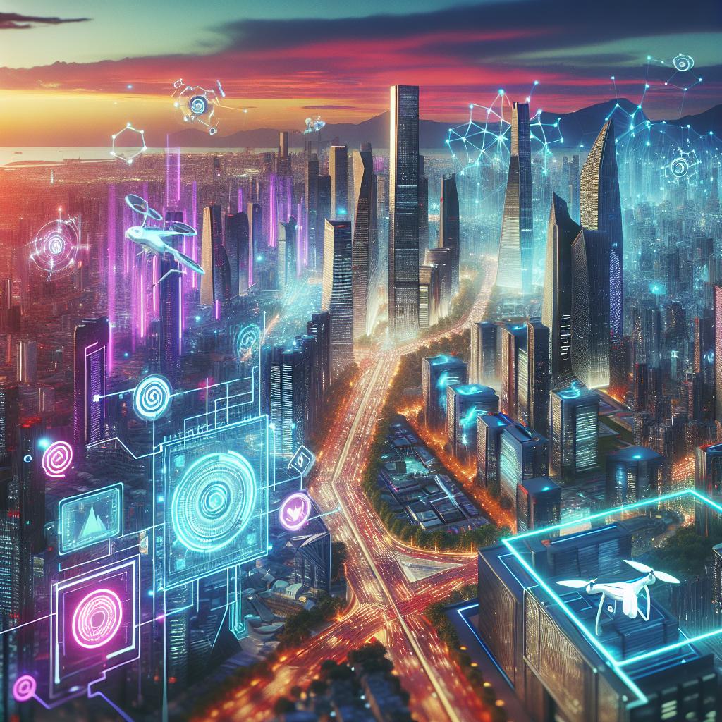 Futuristic AI-driven metaverse business landscape with neon-lit skyscrapers and drones.