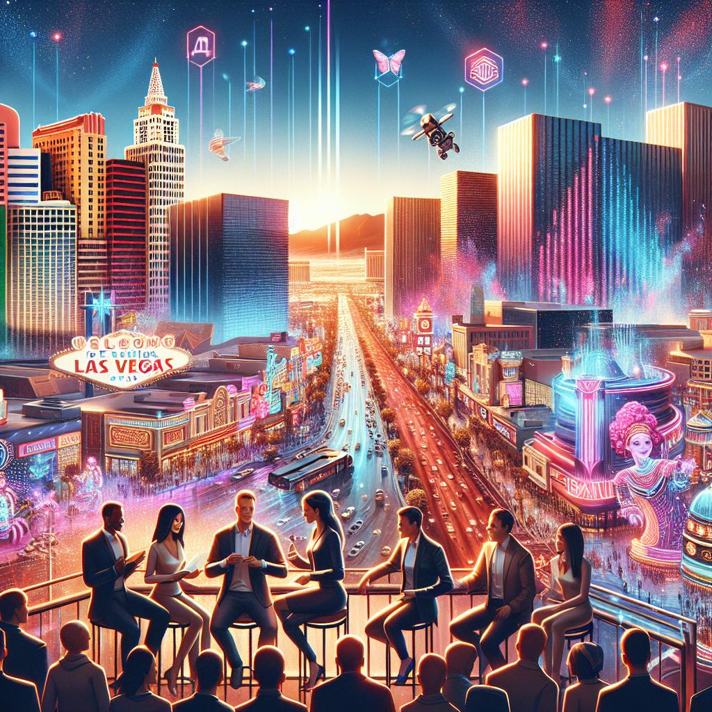 Entrepreneurs discuss business ideas in a neon-lit Las Vegas cityscape with AI elements.